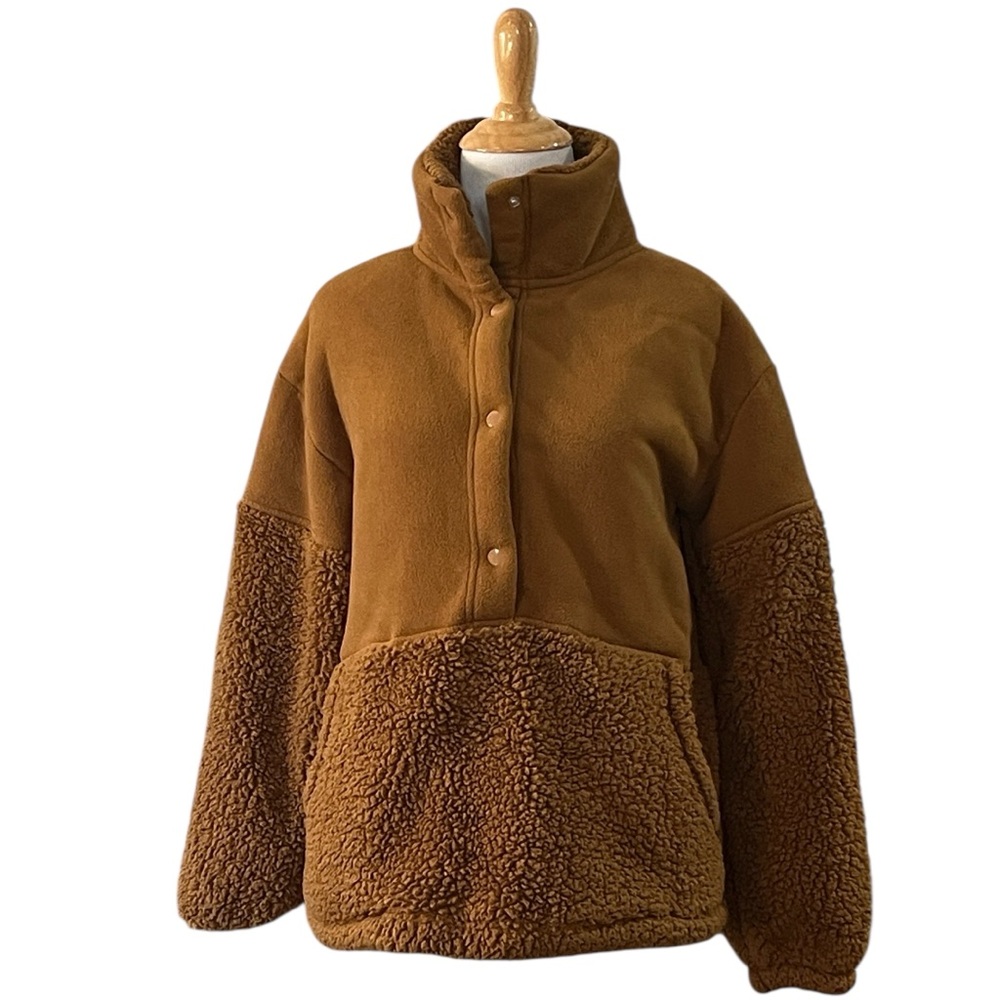 KOOLABURRA BY UGG COZY QUARTER SNAP SHERPA FLEECE POPOVER DARK CAMEL BROWN SZ XS
